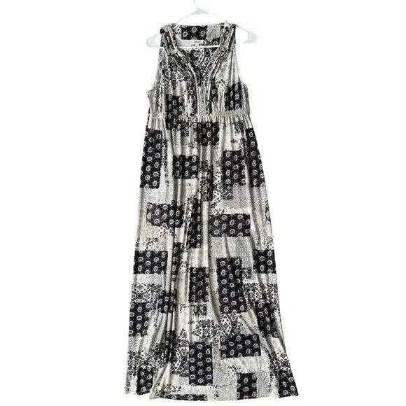Style & Co Patchwork Paisley Maxi Dress Large Black Tan Stretch Boho - Picture 10 of 10